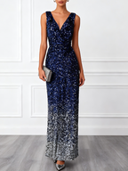 Navy Blue Ombre Sequin Deep V Neck Sleeveless Sheath Maxi Dress
