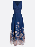 Navy Blue Floral Mesh V Neck Sleeveless A-Line Maxi Dress
