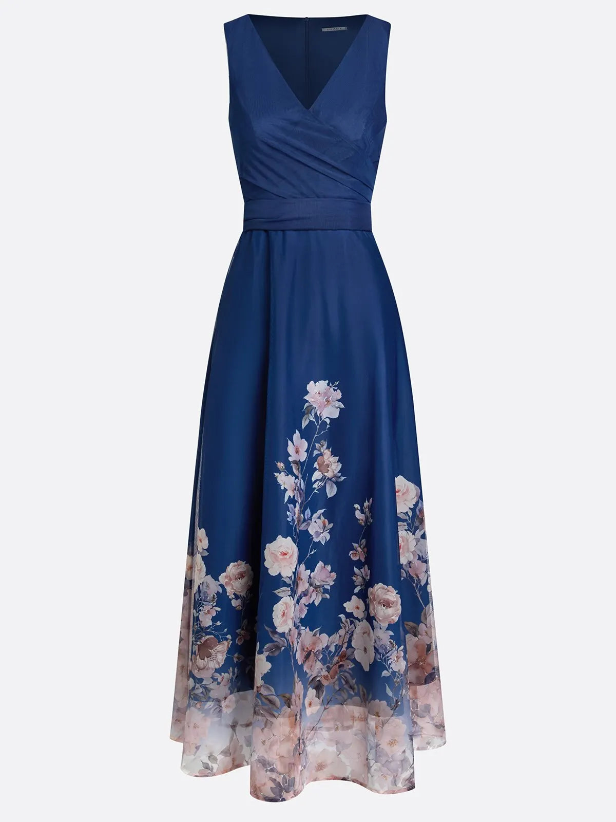 Navy Blue Floral Mesh V Neck Sleeveless A-Line Maxi Dress