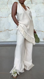 Fringe Halter Top & Flared Pants Two Piece Suit