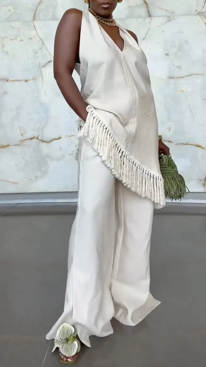 Fringe Halter Top & Flared Pants Two Piece Suit