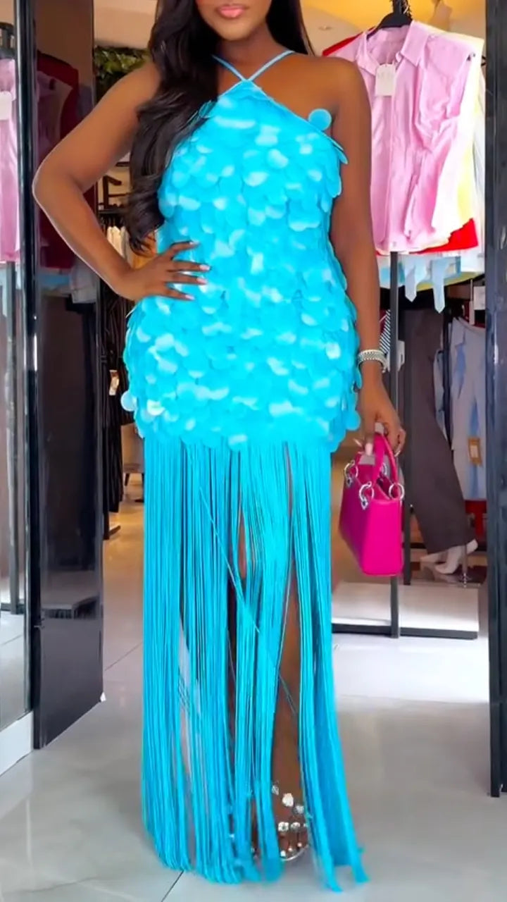 Turquoise Halter Sequin Fringe Maxi Dress