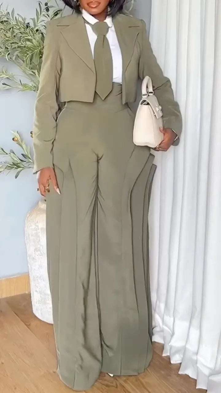 Olive Cropped Lapel Blazer Layer Flare Pant Suit Set