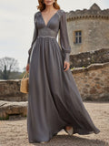 Maxi Linen Dress, Long Sleeves, V Neck, Plain, Lace, Vintage, Gray