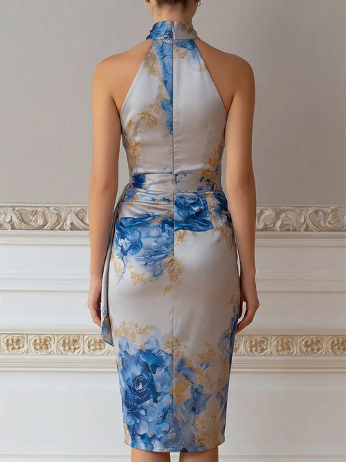 Abstract Print Halter Neck Draped Waist Sheath Dress
