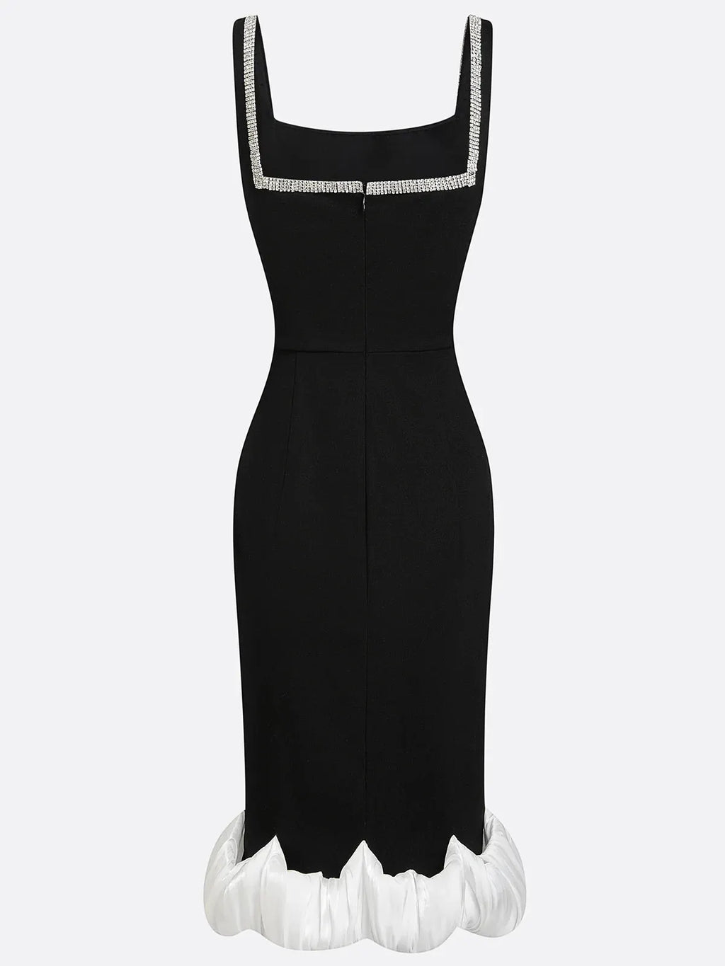 Black Rhinestone Ruched Knit Square Neck Sleeveless Bodycon Midi Dress