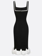 Black Rhinestone Ruched Knit Square Neck Sleeveless Bodycon Midi Dress