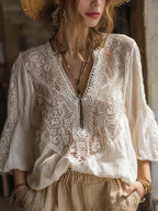 Bohemian Style Women's Vacation Casual Lace Cotton Linen V-neck Top