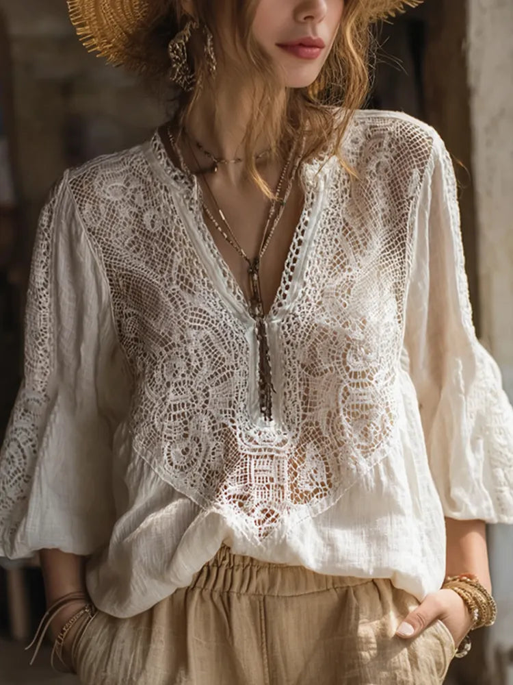 Bohemian Style Women's Vacation Casual Lace Cotton Linen V-neck Top