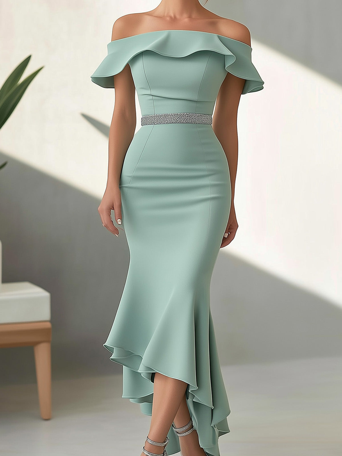 Mint Green Mermaid Dress with Ruffled Hem and Crystal Waist Accent