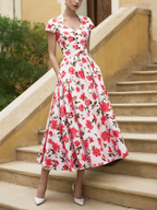 Linen Midi Dress, Short Sleeve, Sweetheart Neckline, Floral, Vintage, Red