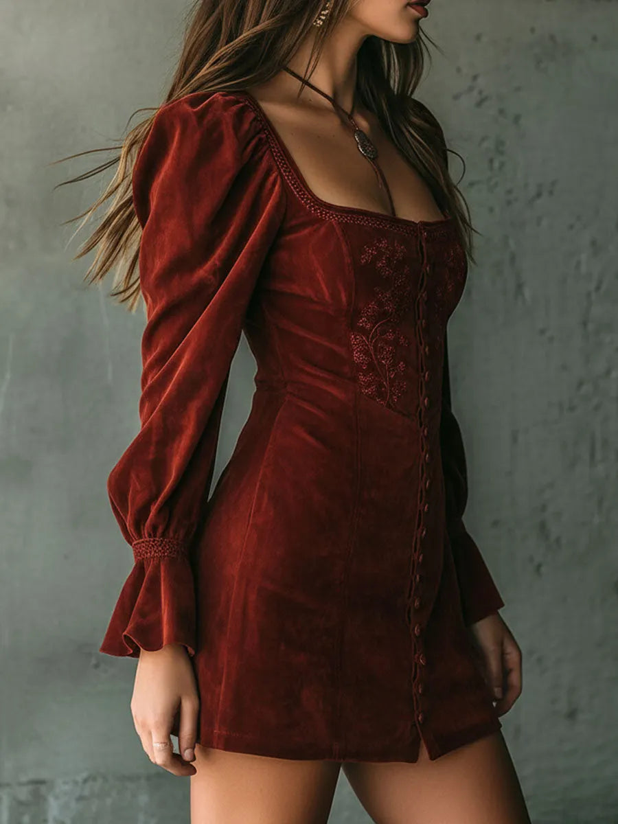 Vintage Rust Red Square Neck Embroidered Button-Front Mini Dress