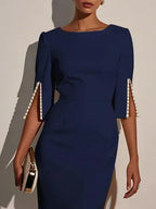 Purplish blue Faux Pearl Classic Crew Neck Half Sleeve Sheath Midi Dress