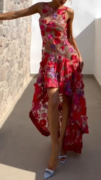 3D Floral Mesh High Low Maxi Dress