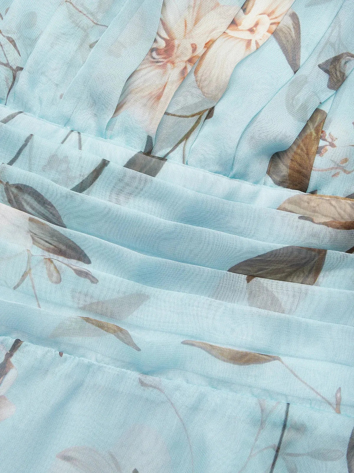 Light Blue Floral Ruched Chiffon One Shoulder Sleeveless A-Line Maxi Dress