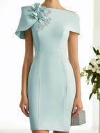 Elegant Pale Blue Green Dress With 3D Floral Shoulder Detail