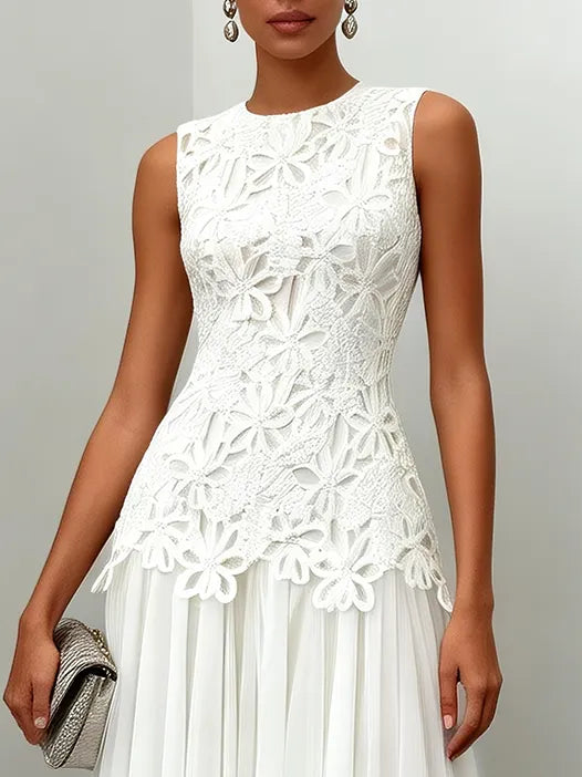 White Lace Classic Crew Neck Sleeveless A-Line Maxi Dress