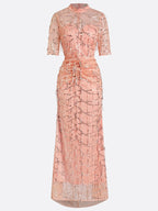 Peach Mesh Lace Crew Neck Half Sleeve Sheath Gown Dress