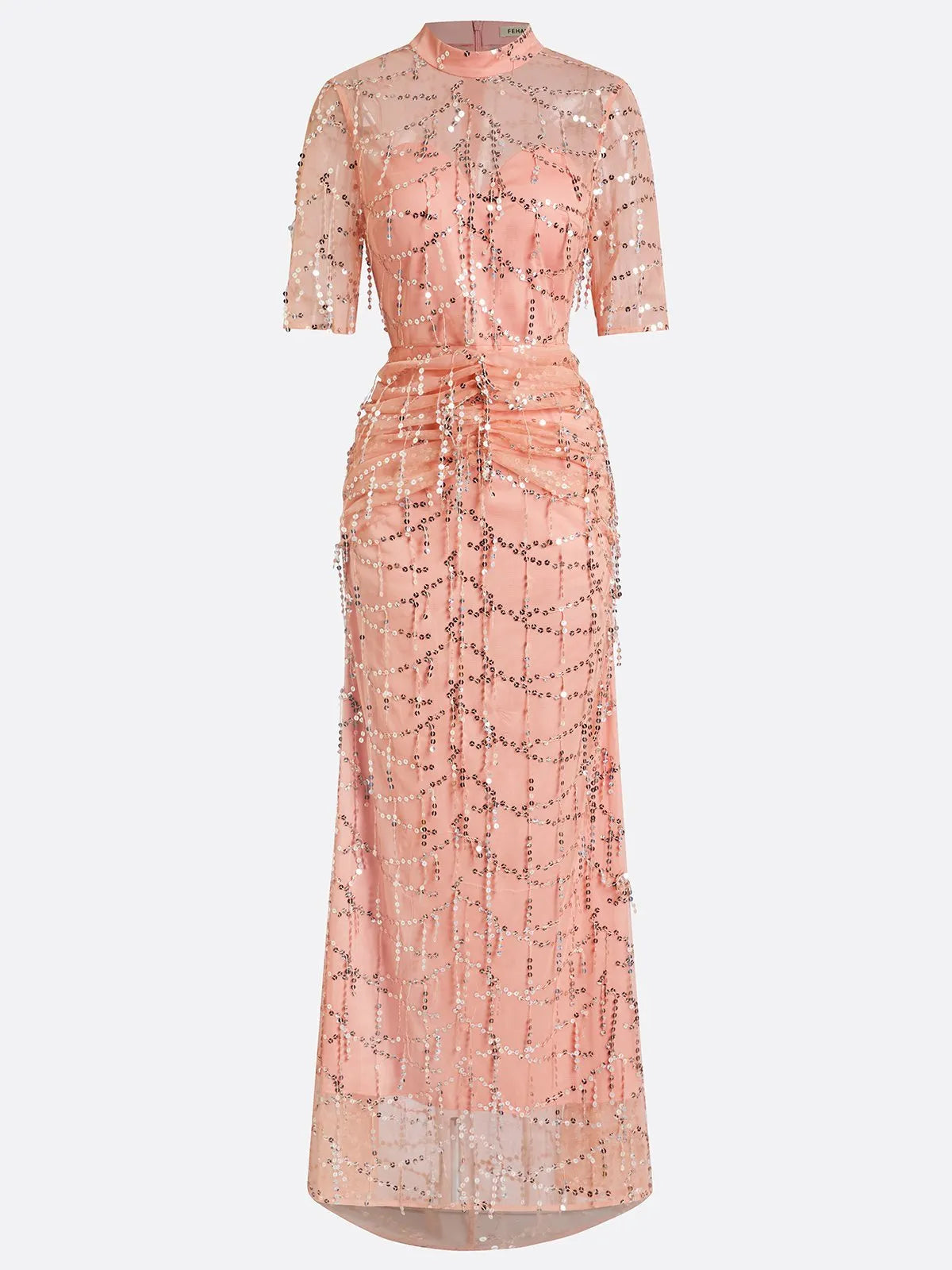 Peach Mesh Lace Crew Neck Half Sleeve Sheath Gown Dress