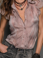 Elegant Satin Short-sleeved Blouse With Lace Trim