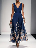 Navy Blue Floral Mesh V Neck Sleeveless A-Line Maxi Dress