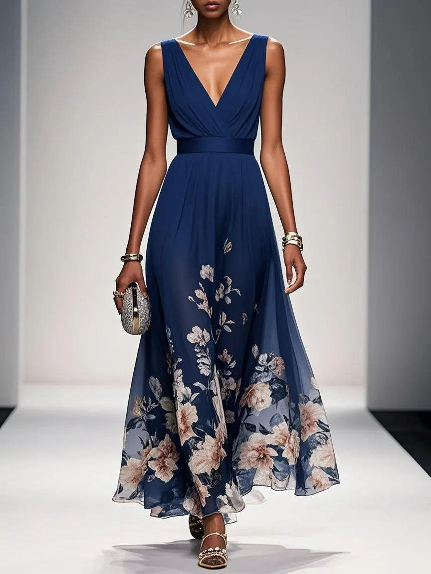 Navy Blue Floral Mesh V Neck Sleeveless A-Line Maxi Dress