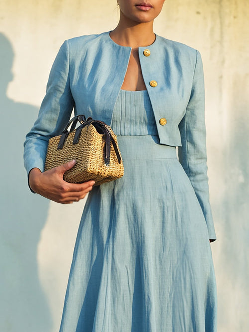 Midi Cotton Dress Set, Long Sleeves, Round Neck, Plain, Button Design, French Vintage, Blue
