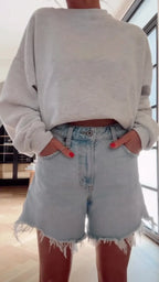 Light Gray Cropped Sweatshirt & Frayed Denim Shorts