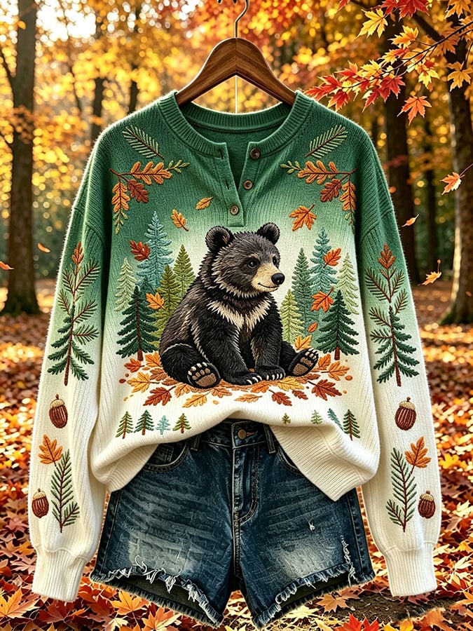 Women's Casual Print Button-Up Collar Knit Top