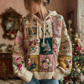 Women's Christmas Tree And Floral Pattern Knitted Hooded Sweater