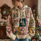 Women's Christmas Tree And Floral Pattern Knitted Hooded Sweater