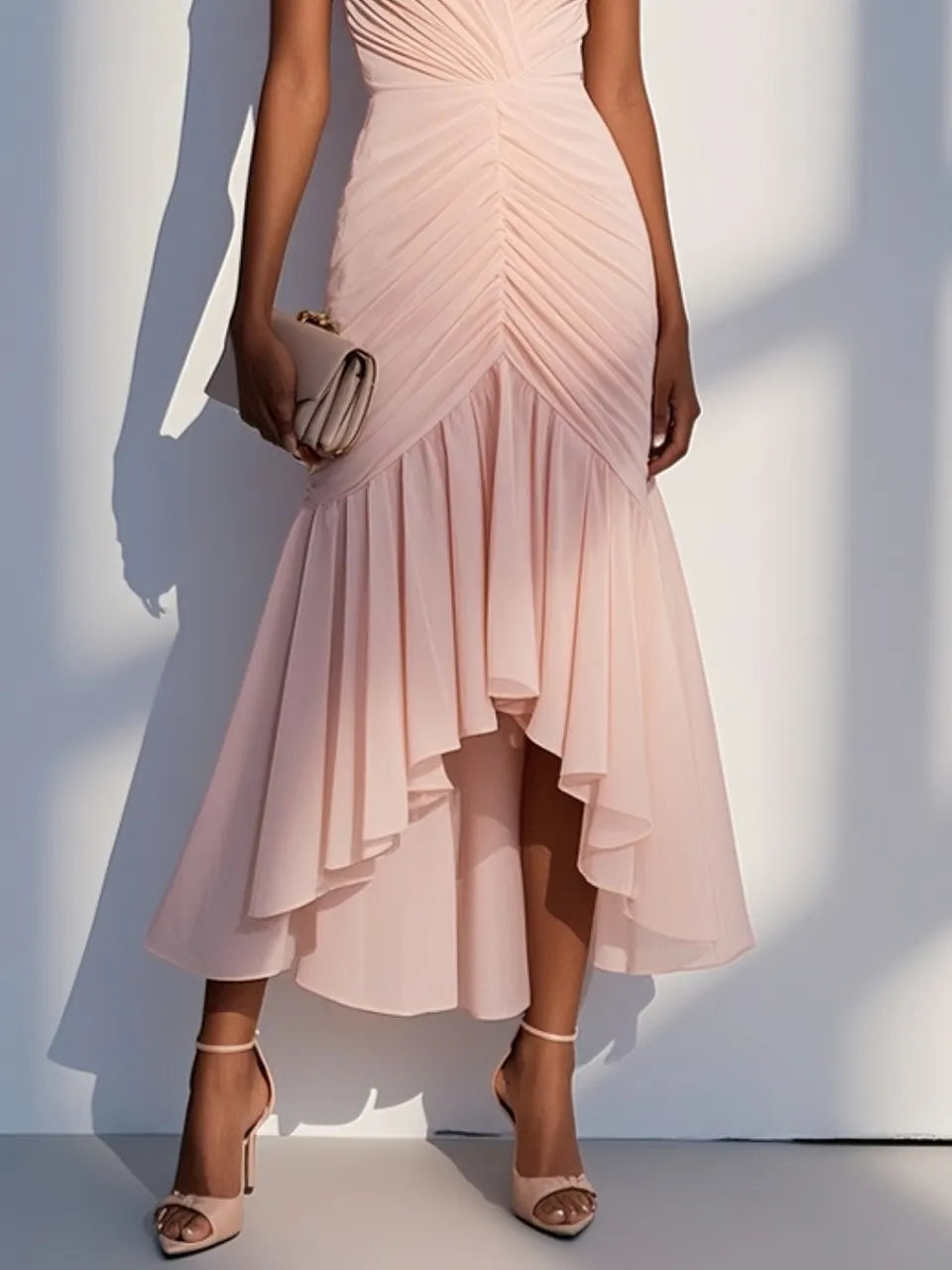 Pink Shirred Ruched Chiffon Lotus Leaf Collar Cap Sleeve Ruffle Sleeve Mermaid Midi Dress