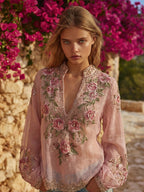 Vintage Boho Pink Roses Embroidered Flowy Linen Shirts