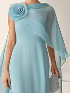 Chic Light Blue Chiffon Dress with 3D Floral Shoulder Detail