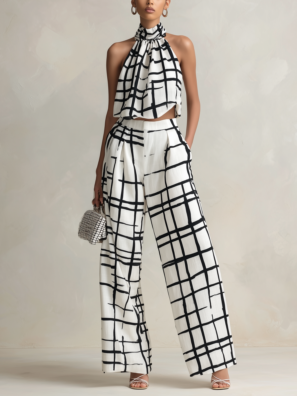 Abstract Grid Print Halter Two-Piece Set | Modern Wide-Leg Co-Ord For Women