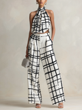 Abstract Grid Print Halter Two-Piece Set | Modern Wide-Leg Co-Ord For Women