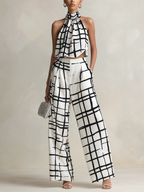 Abstract Grid Print Halter Two-Piece Set | Modern Wide-Leg Co-Ord For Women