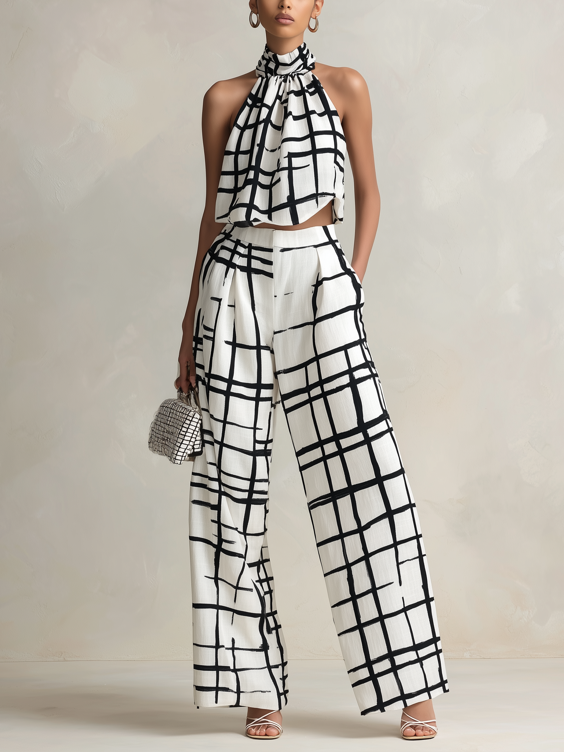 Abstract Grid Print Halter Two-Piece Set | Modern Wide-Leg Co-Ord For Women