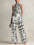 Abstract Grid Print Halter Two-Piece Set | Modern Wide-Leg Co-Ord For Women