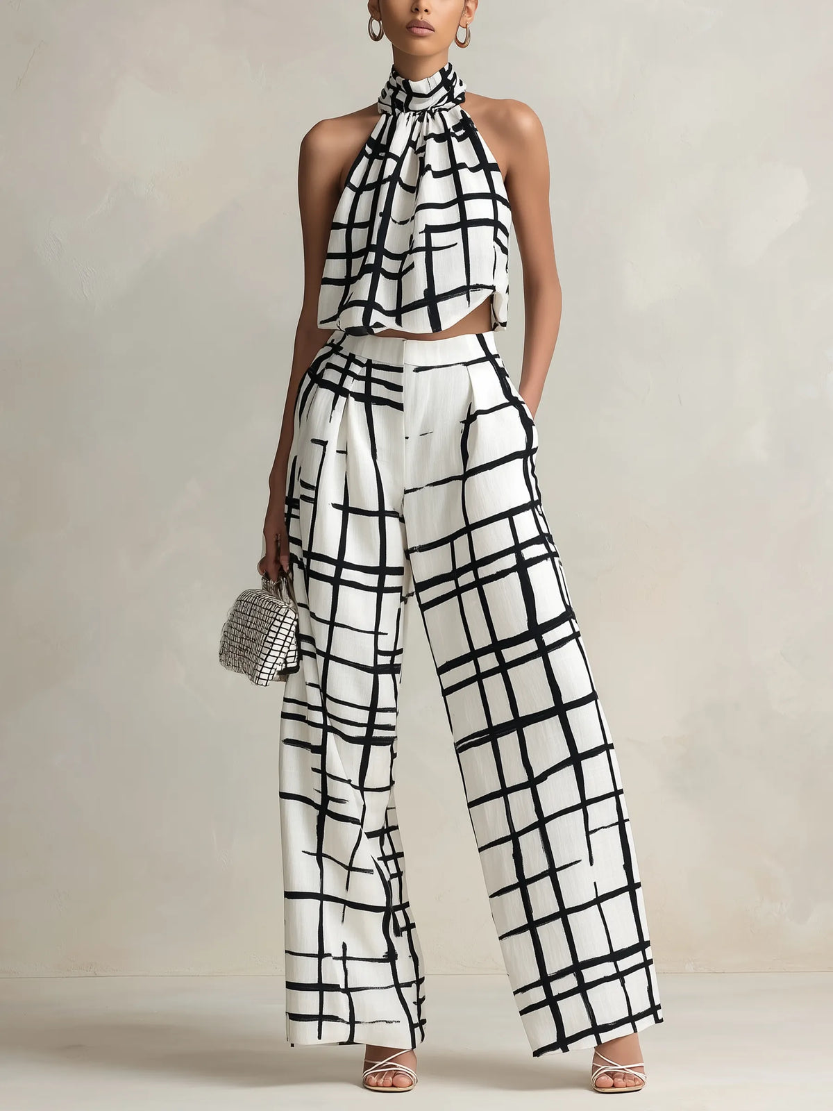 Abstract Grid Print Halter Two-Piece Set | Modern Wide-Leg Co-Ord For Women