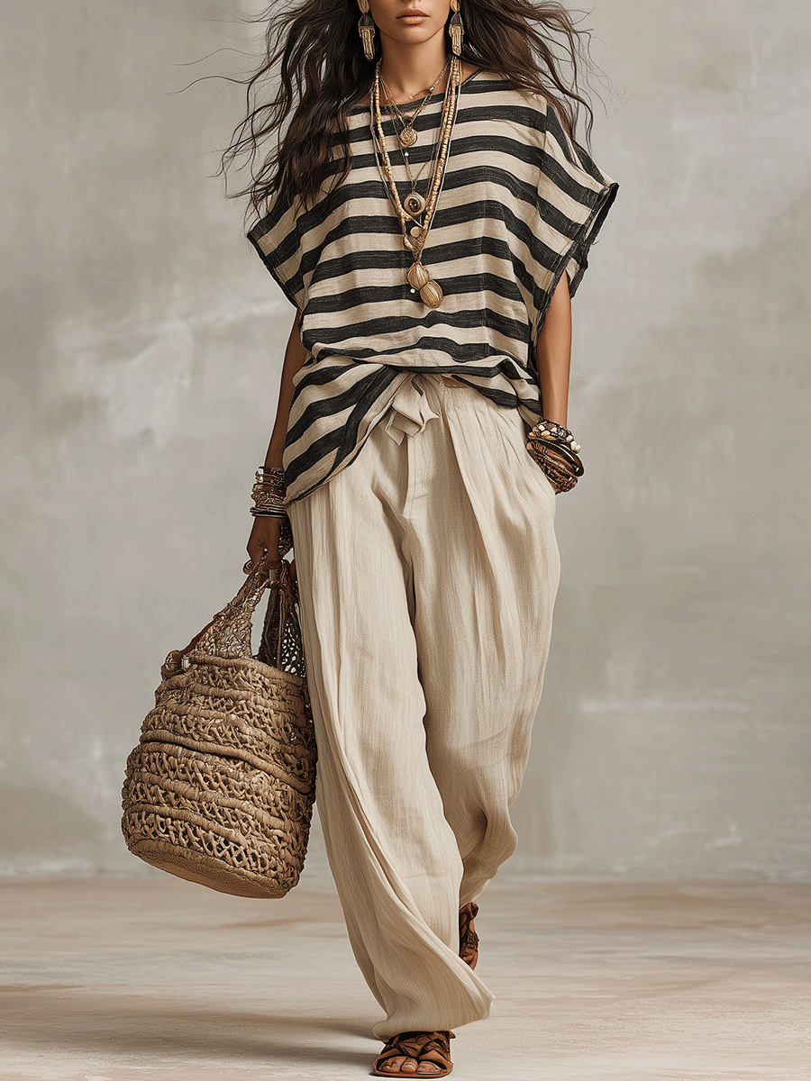 Chic Striped Oversized Tee & Wide-Leg Pants Set