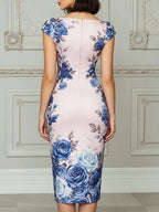 Blush Pink Boat Neck Blue Rose Print Midi Dress