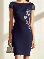 Navy Blue Dress with Floral Embroidery and Mesh Sleeves
