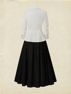 Midi Linen Skirt Set, Long Sleeves, Lapel Collar, Plain, Button Design, Vintage, White