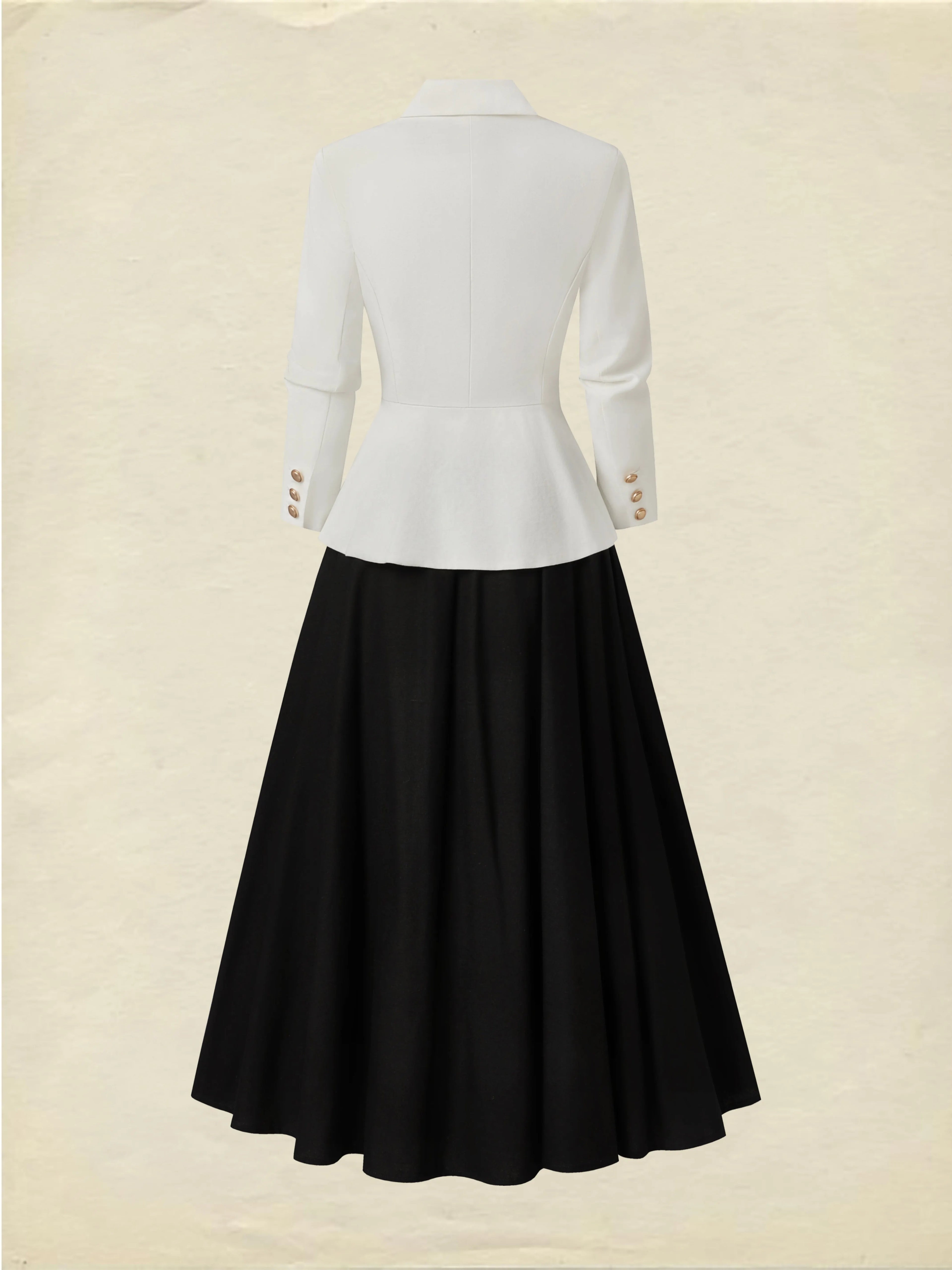 Midi Linen Skirt Set, Long Sleeves, Lapel Collar, Plain, Button Design, Vintage, White