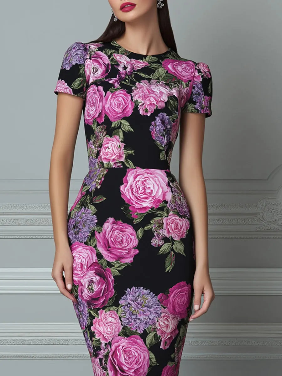Black Floral Print Short Sleeve Bodycon Midi Dress