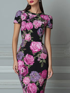 Black Floral Print Short Sleeve Bodycon Midi Dress