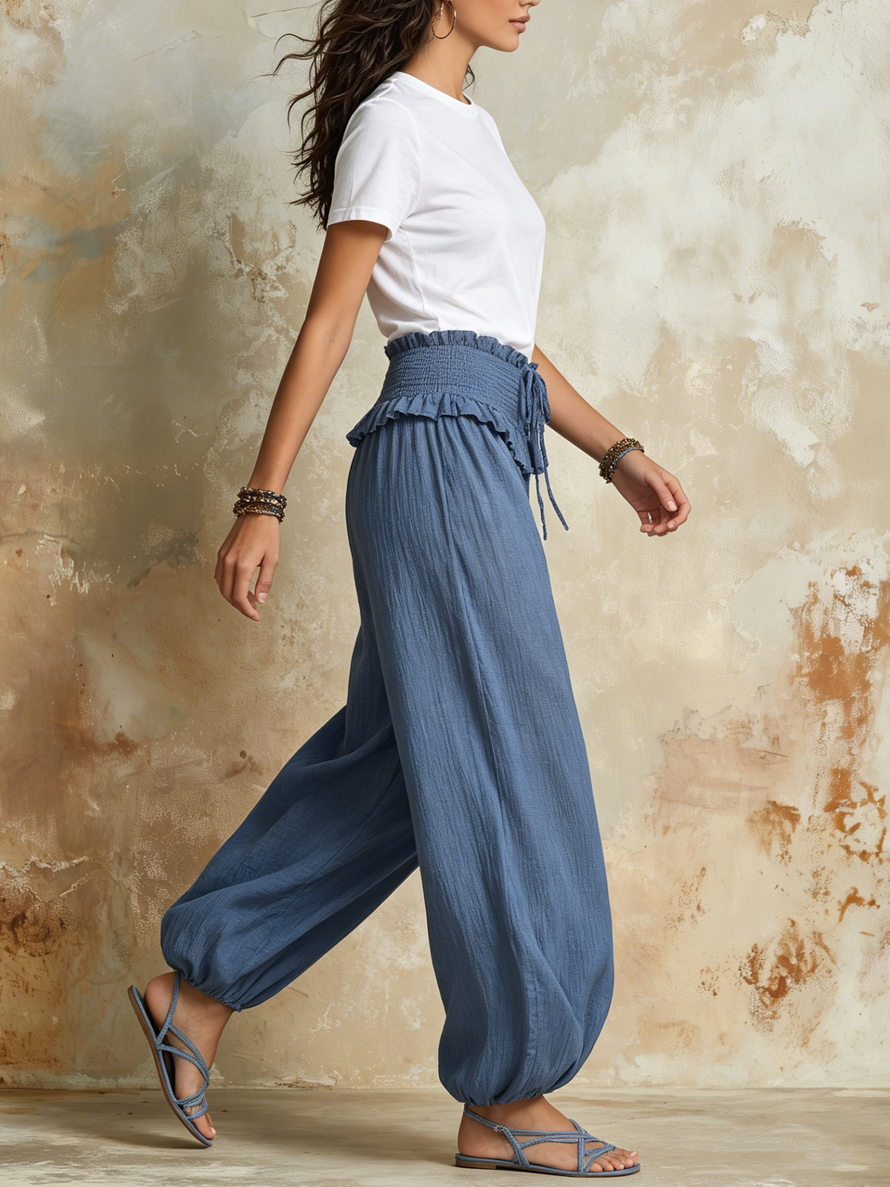 Dusty Blue Linen Smocked Waist Harem Pants