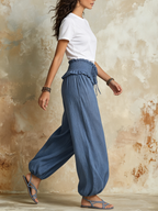 Dusty Blue Linen Smocked Waist Harem Pants
