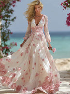 Vintage Boho Roses Embroidered V Neck Flowy Maxi Dress